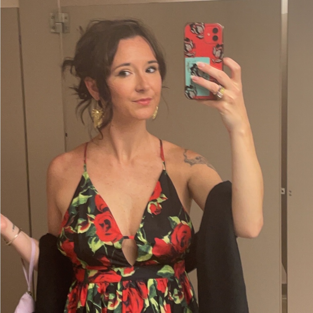 Red floral black dress